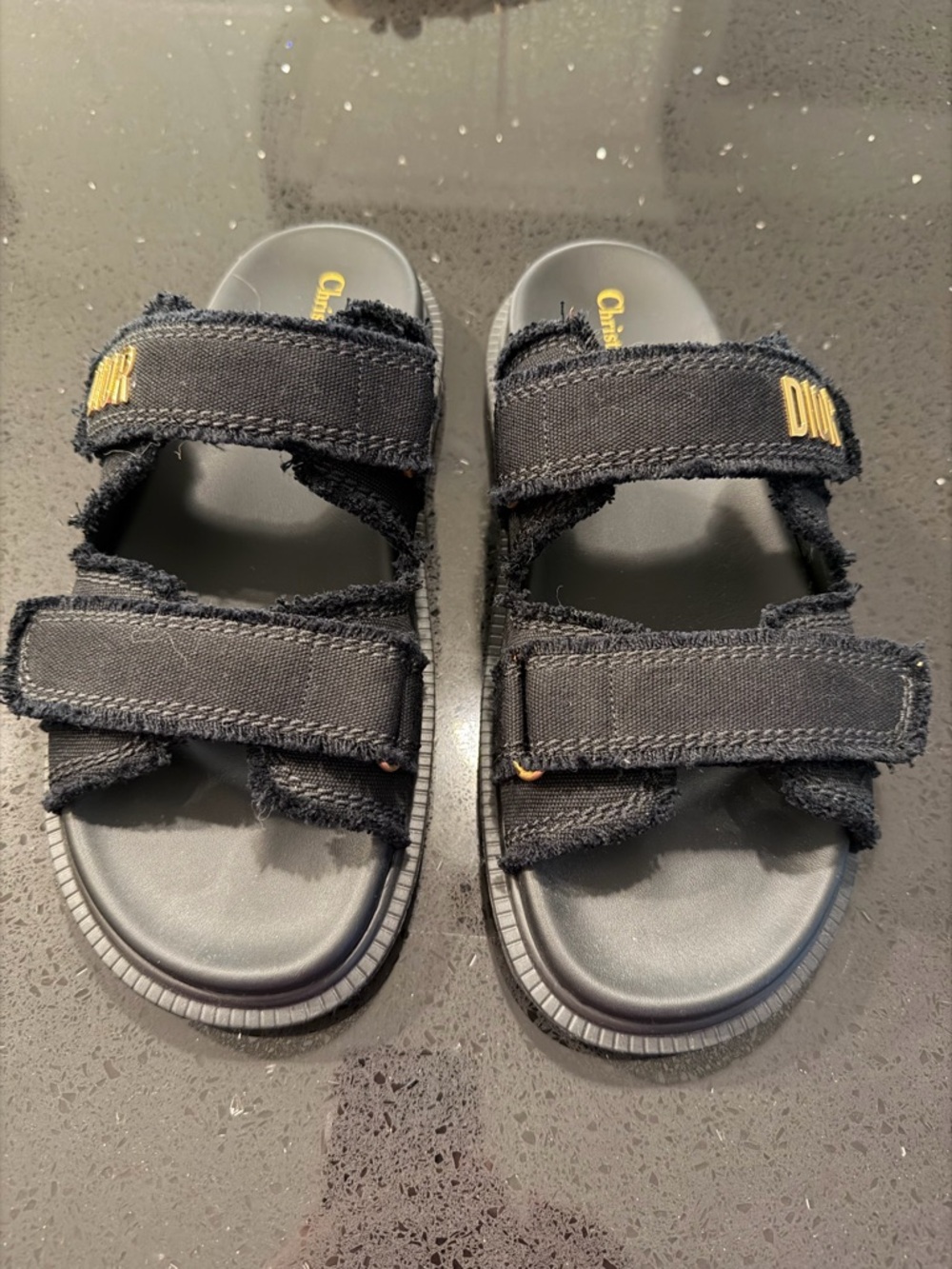Dior Black Frayed Double-Strap Sandals with Gold Logo